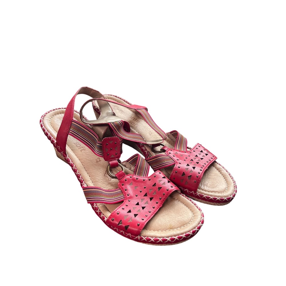 Remonte Soft Red Leather Wedge Sandals Laser Cut Elastic Straps Womens 42 US 10‎